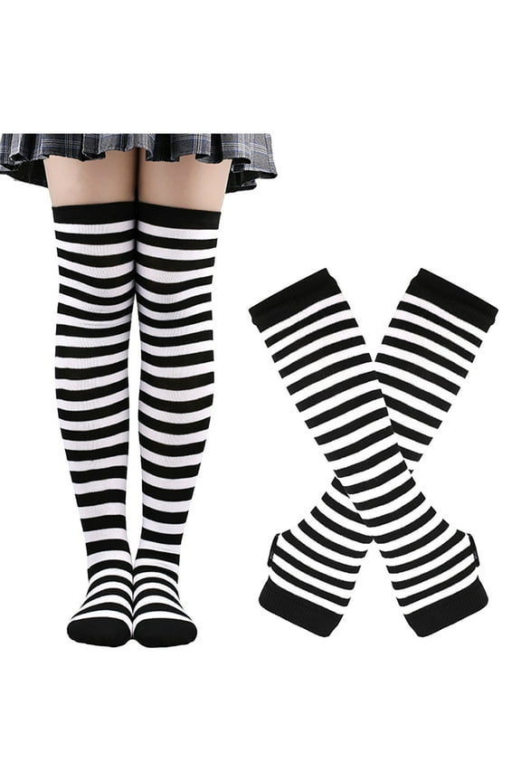 Womens Striped Knee High Stockings Arm Warmer Fingerless Gloves Set Soft Cozy Cotton Thumb Hole Long Gloves Long Socks for Cosplay Party