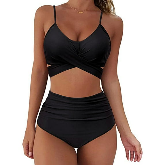 Ruziyoog Womens Swim Suits Print Cute Bathing Suits for Teen Girls Two Pieces Bikini Set for Women High Waisted Black M