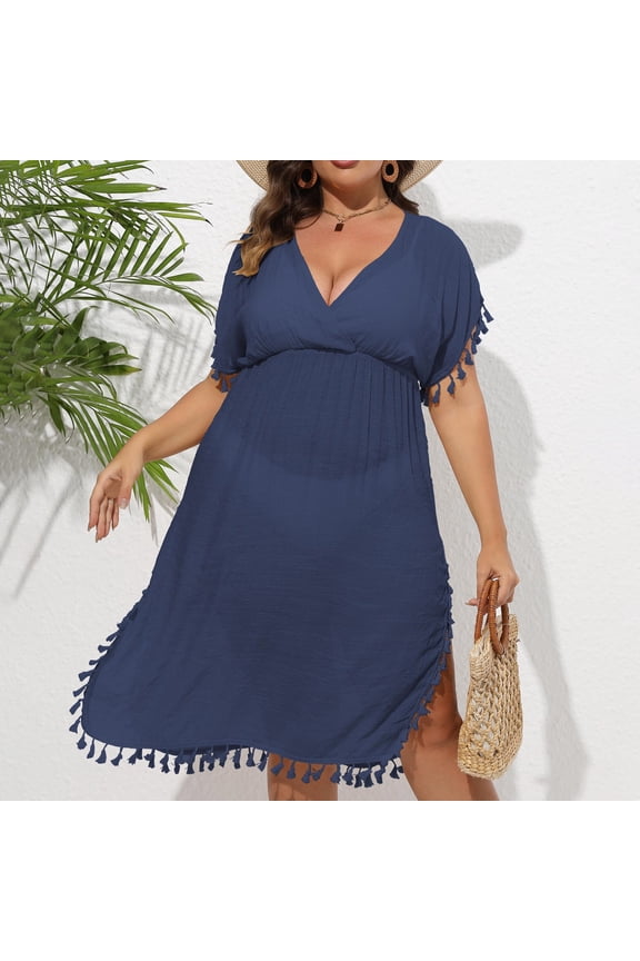Womens V-Neck Sheer Bathing Suit Cover Up Short Sleeve Boho Tassle Side Slit Beach Dress Plus Size Swimsuit Cover Up