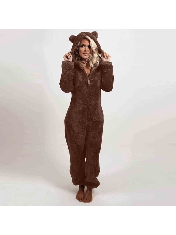 Womens Winter Warm One Piece Jumpsuit Zipper Up Fleece Pajamas Onesies Adult Plush Hooded Romper Loungewear