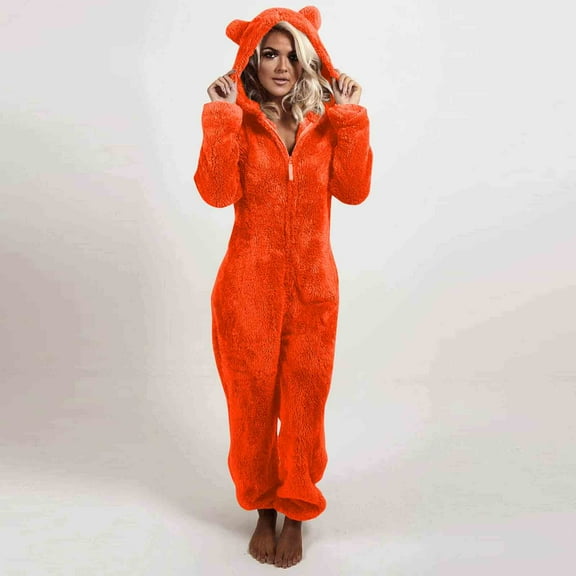 Pitauce Womens Winter Warm One Piece Jumpsuit Zipper Up Fleece Pajamas Onesies Adult Plush Hooded Romper Loungewear