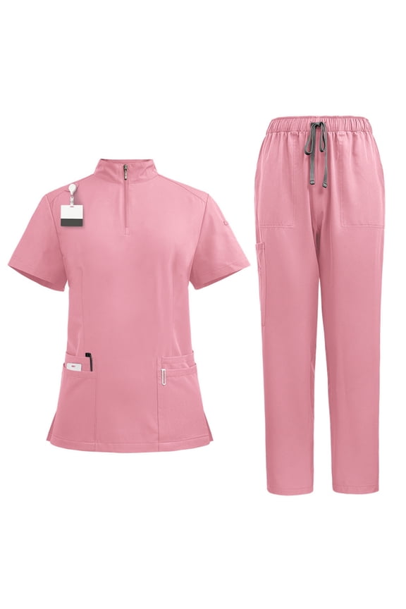 Womens Zipper High Neck Scurb Tops & Scrub Pants Workwear Medical Nurse Uniform with Multi Pockets