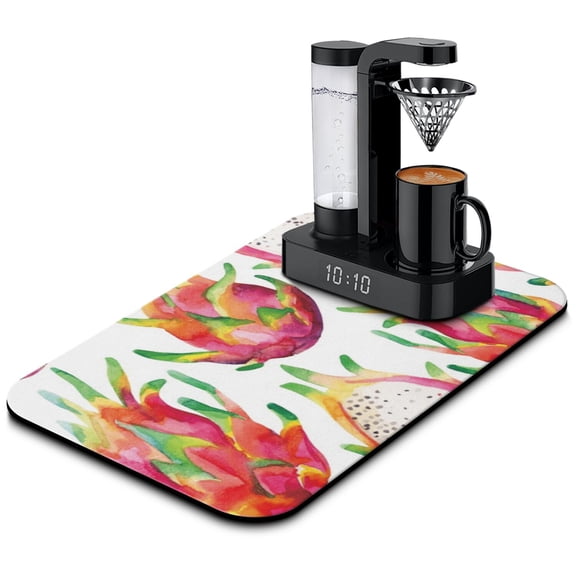 Pitaya Dragon Fruit Print Coffee Maker Mat - 4-Layer Absorbent Non-Slip Mat for Coffee Station, Kitchen Counter, Bar - Cute Tropical Exotic Design for Coffee Lovers (18x24 Inch)
