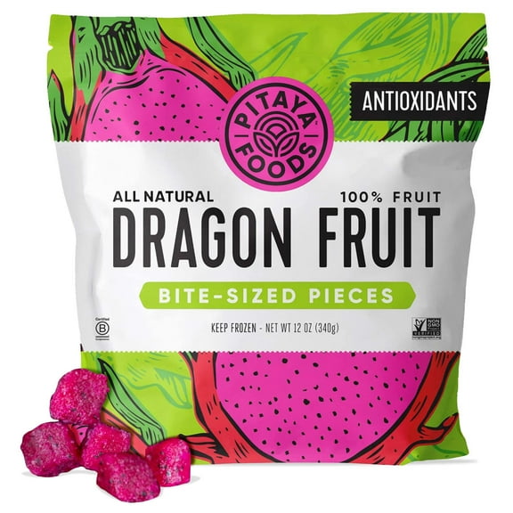 Pitaya Foods Frozen Dragon Fruit Pieces, Non-GMO Exotic Frozen Fruit For Smoothies, 12 oz