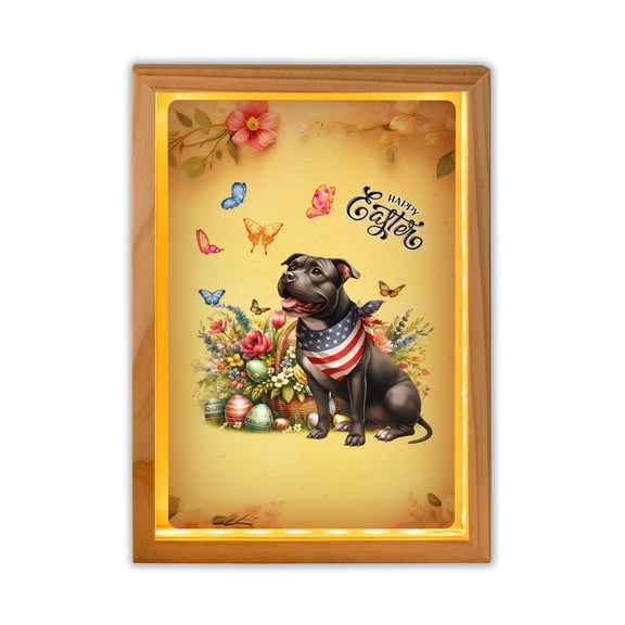 Pitbull Celebrates Spring and Enjoys a Happy Easter Acrylic Plaque with Wood Photo Frame Box Terrier Dog Lover Light Box - 02001