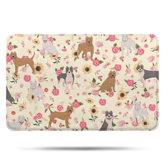 Pitbull Dog and Flower Floral Bathroom Rugs Mat,Non Slip Microfiber Bathroom Rug,Rubber Backing,Soft Bathroom Mats for Bathroom Floor,Tub and Shower,17x27in(43x68cm)