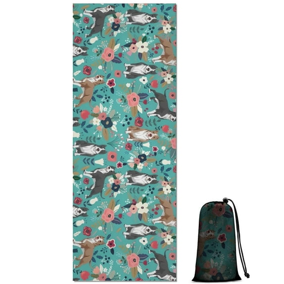 Pitbull Dog and Flower Floral Hot Yoga Mat Towel Non Slip for Hot Yoga - Quick-Drying Yoga Mat Cover with 4 Corner Pockets with Travel Bag - Hot Yoga Towel Non Slip 70"x26"