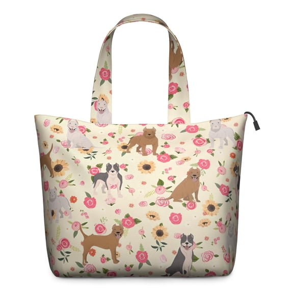Pitbull Dog and Flower Floral Travel Tote Bags for Women Carry On,Large Weekender Bags for Women Travel,Multi Functional Duffle Bag for Work,Shopping,Sports