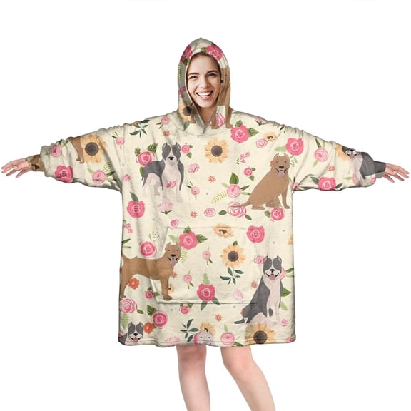 Pitbull Dog and Flower Floral Wearable Oversized Blanket,Wearable Blanket Hoodie for Adults,Cozy Hooded Blankets with Super Pockets,Super Warm Fuzzy Pullover for Women & Men