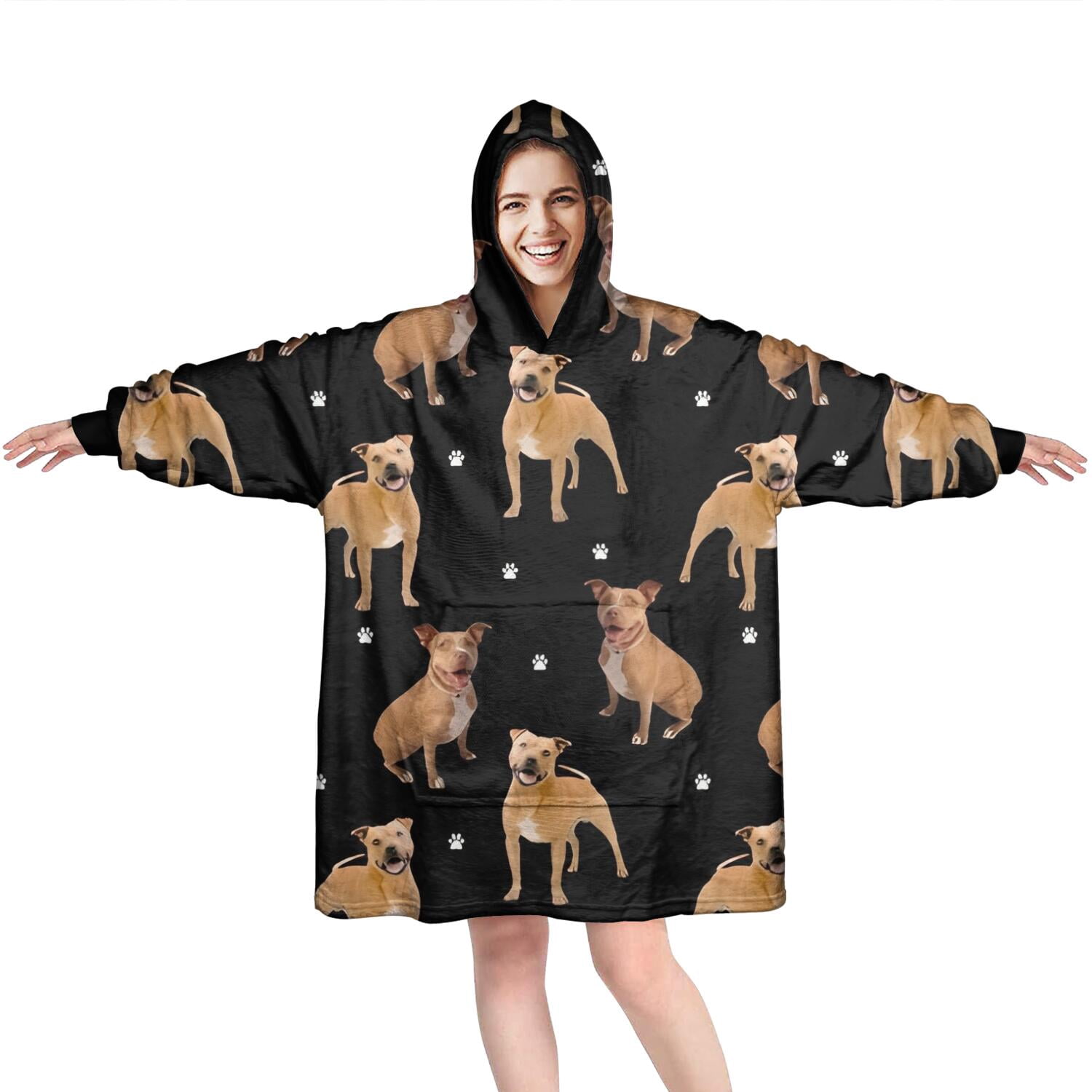 Pitbull Dog and Footprint Wearable Oversized Blanket,Wearable Blanket Hoodie for Adults,Cozy Hooded Blankets with Super Pockets,Super Warm Fuzzy Pullover for Women & Men