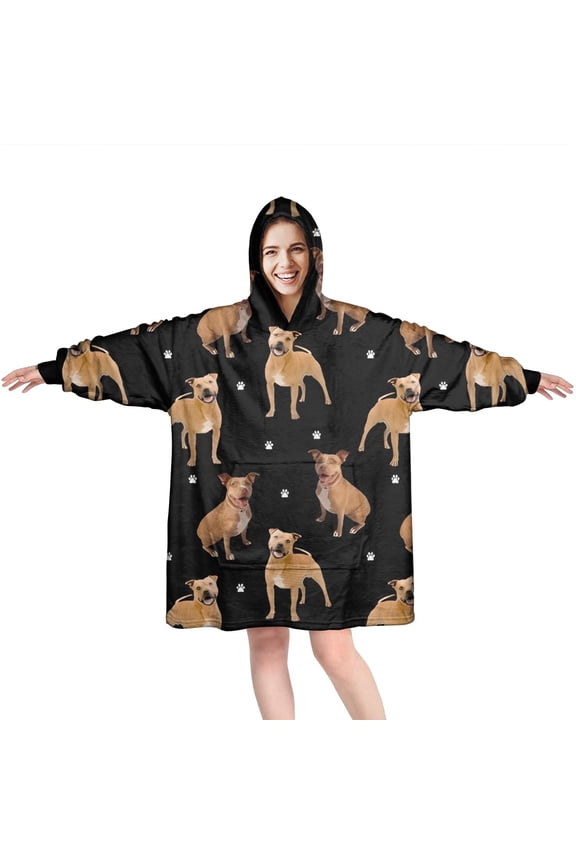 Pitbull Dog and Footprint Wearable Oversized Blanket,Wearable Blanket Hoodie for Adults,Cozy Hooded Blankets with Super Pockets,Super Warm Fuzzy Pullover for Women & Men