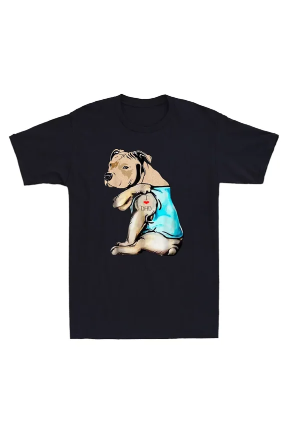 Pitbull Dog I Love Dad Tattoo Funny Family Fathers Day Gift Retro Men's T-Shirt All Size S-3XL