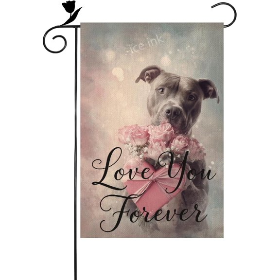 Pitbull Dog Love You Forever Roses Garden Flag 12x18 Valentines Day Mothers Day Gift Inch Linen Burlap Double Colorful Sided Yard Flag for Home Outdoor Seasonal Decoration (23007)