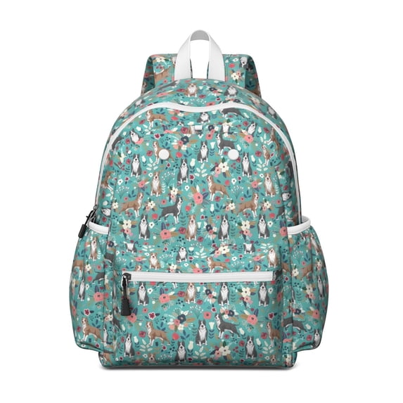 Pitbull Dog and Flower Floral Backpack for School,Cute School Bag,Schoolbag with Adjustable Shoulder Straps & Padded Back,13.4"x11"x4.7"