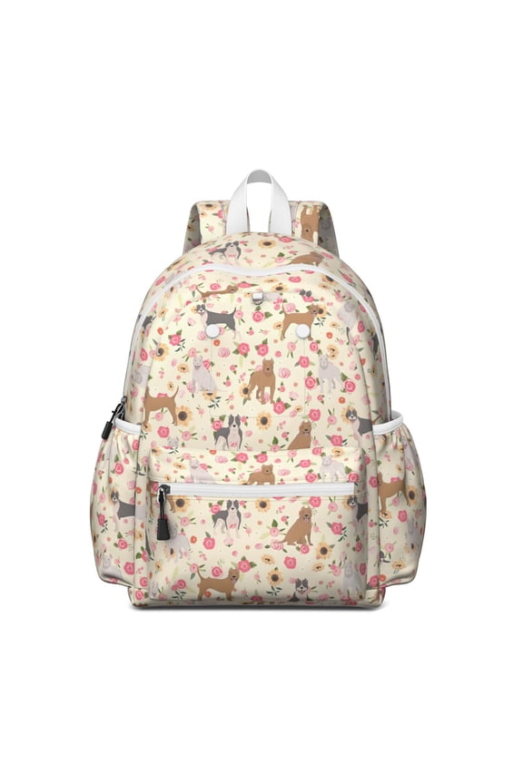 Pitbull Dog and Flower Floral Backpack for School,Cute School Bag,Schoolbag with Adjustable Shoulder Straps & Padded Back,13.4"x11"x4.7"