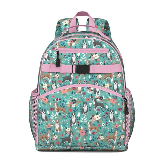 Pitbull Dog and Flower Floral Backpack for School,Cute School Bag,Schoolbag with Adjustable Shoulder Straps & Padded Back,15.25"x11.5"x5.25"