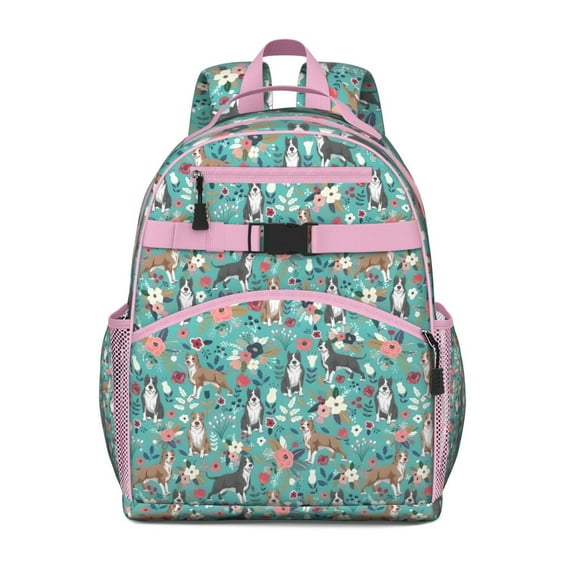 Pitbull Dog and Flower Floral Backpack for School,Cute School Bag,Schoolbag with Adjustable Shoulder Straps & Padded Back,15.25"x11.5"x5.25"