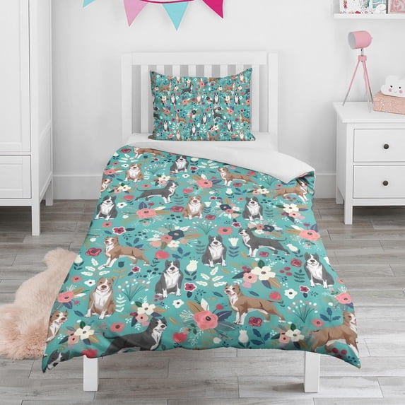 Pitbull Dog and Flower Floral Duvet Cover and Pillowcase Set for Single Bedding, Bedroom Accessories for Kids Teens