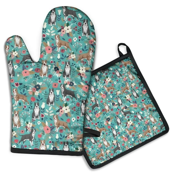 Pitbull Dog and Flower Floral Kitchen Oven Mitt and Pot Holder Sets 2 Pcs for Baking, Cooking and Grilling, Heat Resistant Up To 392 °F