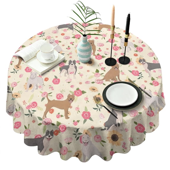 Pitbull Dog and Flower Floral Round Tablecloth 60"x60",Wrinkle Wipeable Table Cloth for Kitchen Dining Room Picnic Patio Party