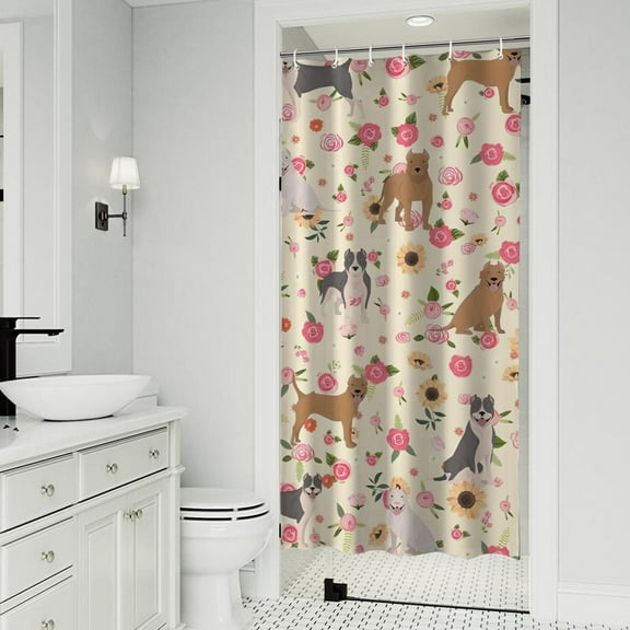 Pitbull Dog and Flower Floral Shower Curtain 36"x72" ,Bathroom Decorative Shower Curtains Set with 12 Hooks,Modern Waterproof Washable Shower Curtain