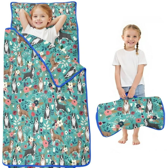 Pitbull Dog and Flower Floral Toddler Nap Mats for Kids Preschool,Sleeping Mat Bag or Kids,Toddler Sleeping Bag,Toddler Nap Mat or Daycare