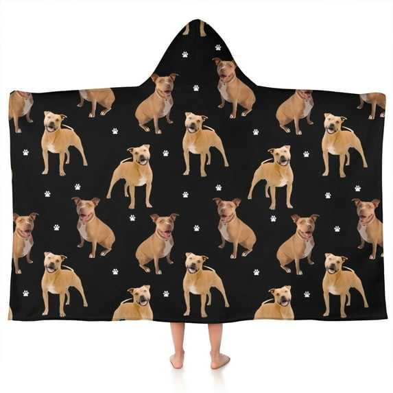 Pitbull Dog and Footprint Hooded Bath Towel,50"x30" for Ages 3 To 12 Kids, Quick Dry Lightweight Soft Microfiber Hood Beach Towel Cover Up for Kids
