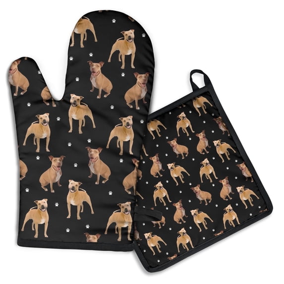 Pitbull Dog and Footprint Kitchen Oven Mitt and Pot Holder Sets 2 Pcs for Baking, Cooking and Grilling, Heat Resistant Up To 392 °F