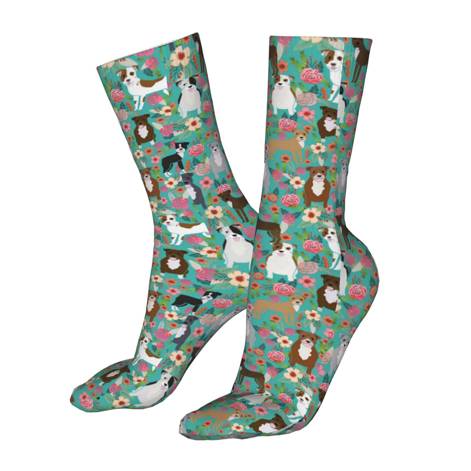 Pitbull Dogs Vintage Florals Socks for Women Men Novelty Colorful Crew