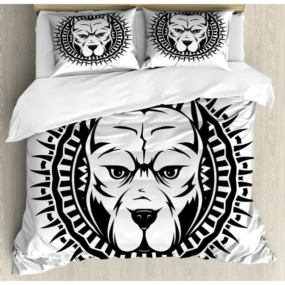 Pitbull Duvet Cover Set Queen Size, Abstract Illustration Portrait of Aggressive Fighting Dog on Spiky Round Motif, Decorative 3 Piece Bedding Set with 2 Pillow Shams, Black White, by Ambesonne