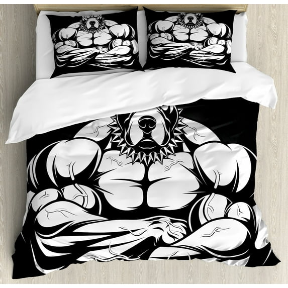 Pitbull Duvet Cover Set Queen Size, Illustration of a Strong Pitbull with Big Biceps Bodybuilder Animal Character, Decorative 3 Piece Bedding Set with 2 Pillow Shams, Black White, by Ambesonne