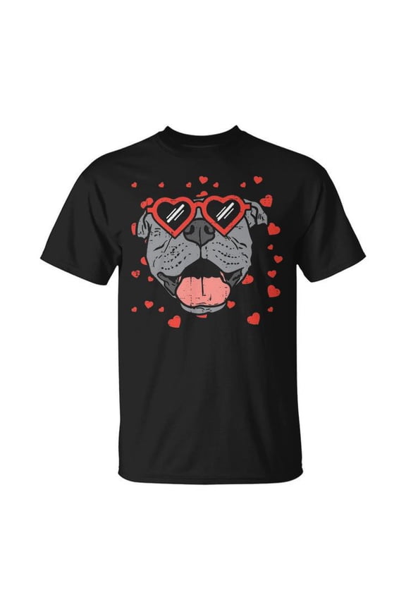 Pitbull Face with Heart Glasses Valentines Day Cotton Tee for Unisex Adults – Pet Dog Lover T-Shirt for Casual Wear, Size 5XL, Color Black