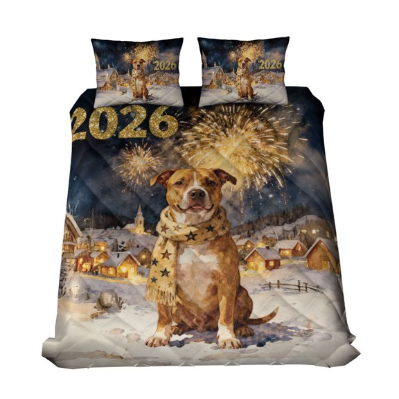 Pitbull Happy New Year 2026 with Fireworks on New Year's Eve Quilt Bedding Set Terrier Dog Lover 1 Blanket Bed Cover 2 Pillowcases - 12022