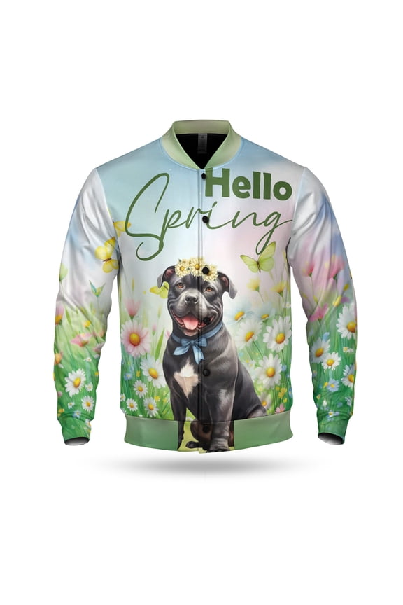 Pitbull Hello Spring Time Flower Floral Nature All Over Print 3D Baseball Jacket Terrier Dog Lover Bomber Jacket Softball - 02031