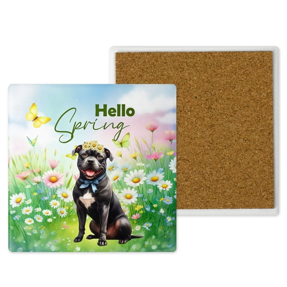 Pitbull Hello Spring Time Flower Floral Nature Set of 4 Stone Coasters Terrier Dog Lover 4x4in Absorbent Soapstone Coaster - 02031