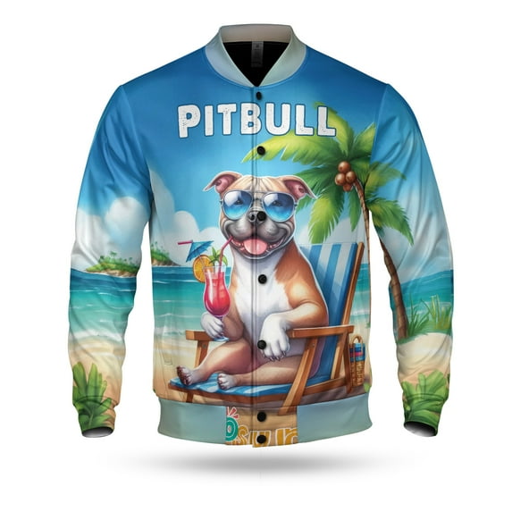 Pitbull Hello Summer Beach Theme with Sunglasses and Tropical Cocktail All Over Print 3D Baseball Jacket Terrier Dog Lover Bomber Jacket Softball - 00009