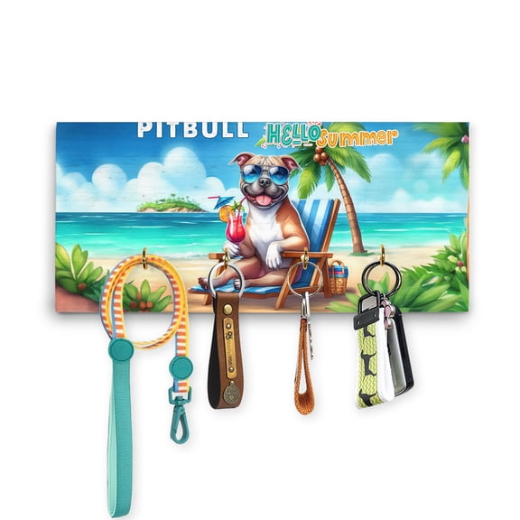 Pitbull Hello Summer Beach Theme with Sunglasses and Tropical Cocktail Wood Key Holder Terrier Dog Lover Wall-mounted Key Rack Home Decor - 00009