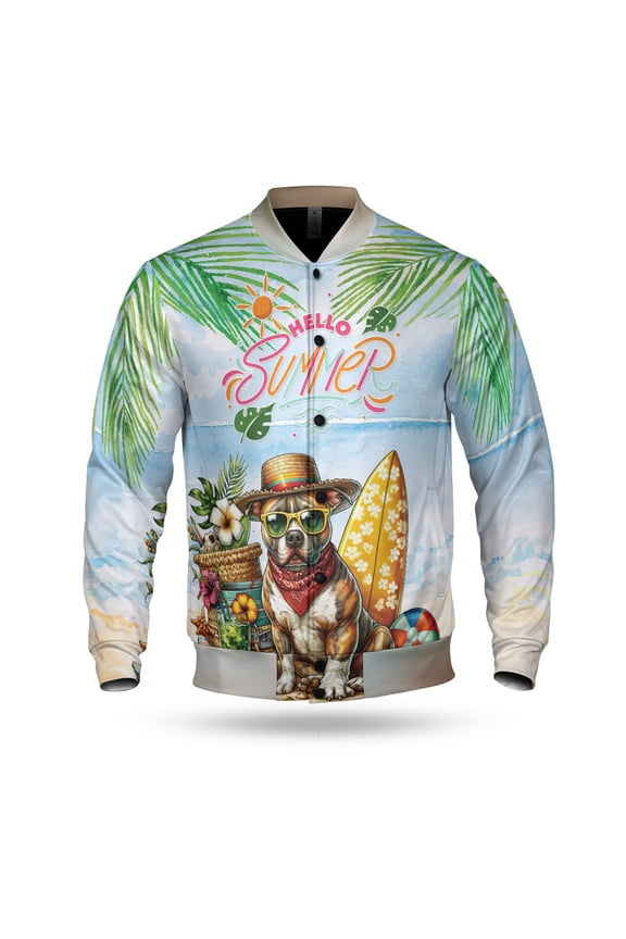 Pitbull Hello Summer with Sunglasses and Surfboard Tropical Vibes All Over Print 3D Baseball Jacket Terrier Dog Lover Bomber Jacket Softball - 00007