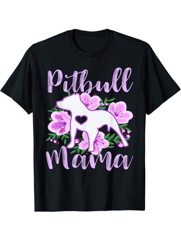 Pitbull Mama Purple Flowers Cute Pit Bull Pretty Mommy T-Shirt men and women can wear, black, white, gifts