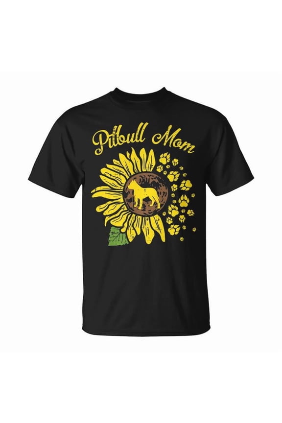 Pitbull Mom Sunflower Paw Graphic Tee Unisex Adult Cotton Dog Owner Pittie Mama Casual Gift Shirt, Size 5XL, Color Black