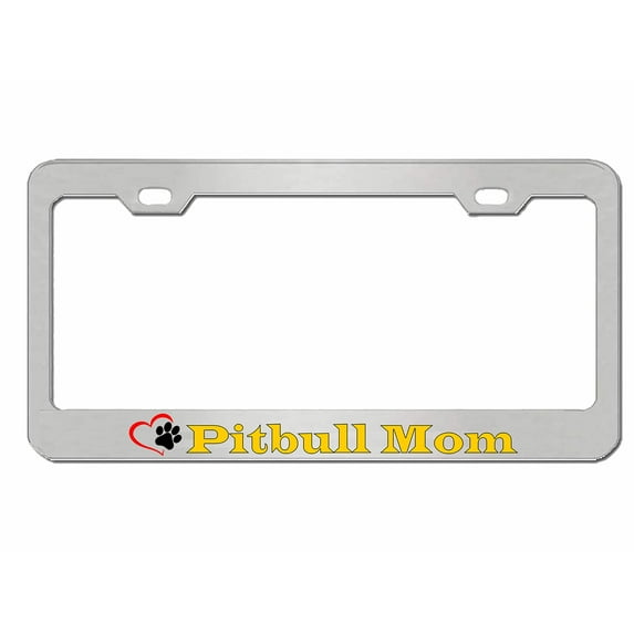 Pitbull Mom with Paw Prints(Dog Lovers) Style Heavy Duty Metal License Plate Frame Personalised/Car Accessories Car Tag Holder Cover (Chrome/Yellow)