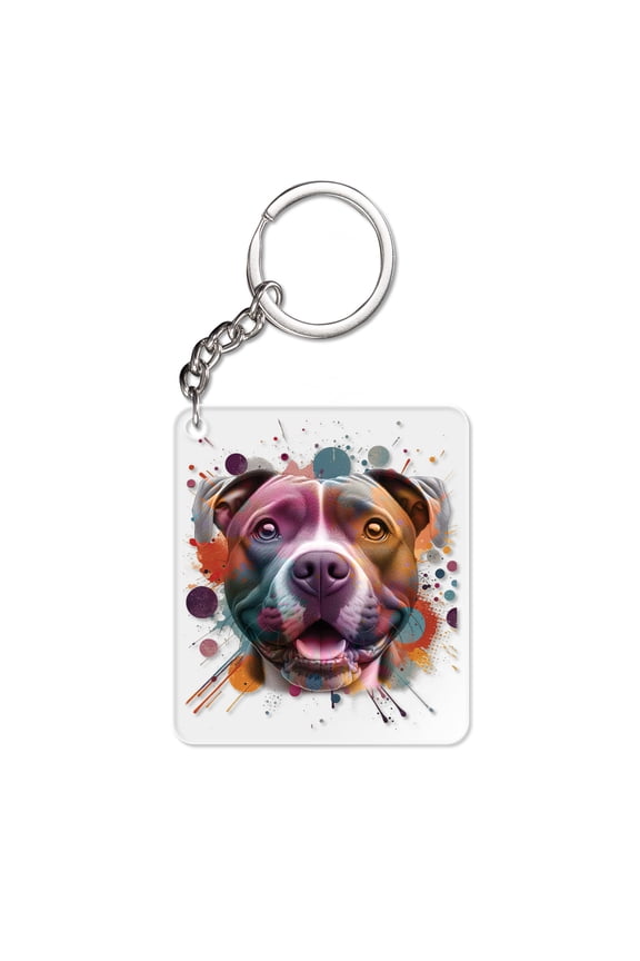 Pitbull Portrait Watercolor Vintage Retro Styles Acrylic Keychain Terrier Dog Lover Collar Charm Tag Keyring - 00001
