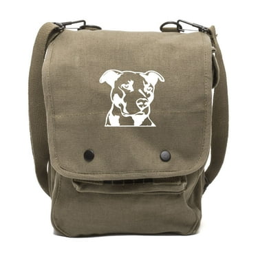 Pitbull Silhouette Canvas Crossbody Travel Map Bag Case in Olive & White