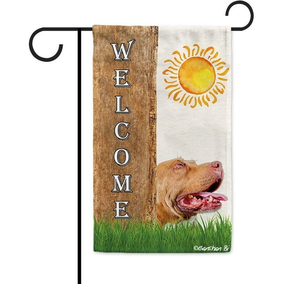 Pitbull Spring Summer Welcome Garden Flag Dog Hides Behind a Tree Sun Outside Yard Decor Flag Banner 12.5X18 Inch Double Side Style 7