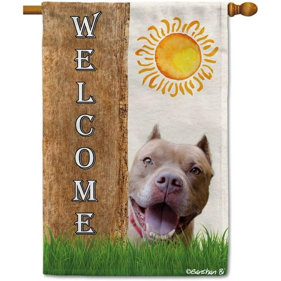 Pitbull Spring Summer Welcome House Flag Dog Hides Behind a Tree Sun Outside Yard Decor Flag Banner 28X40 Inch Double Side Style 4