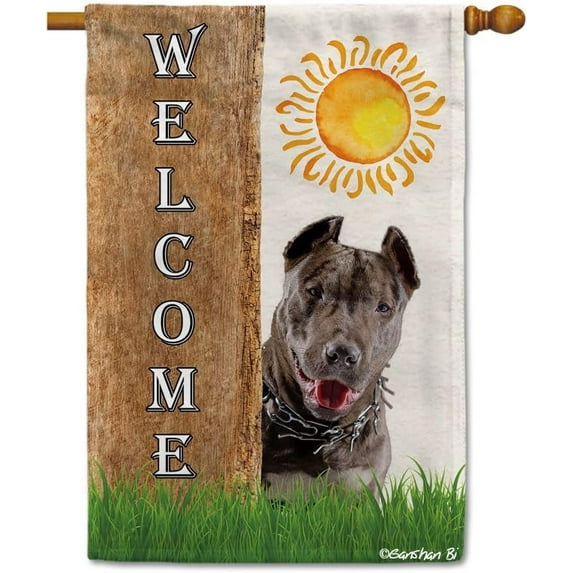Pitbull Spring Summer Welcome House Flag Dog Hides Behind a Tree Sun Outside Yard Decor Flag Banner 28X40 Inch Double Side Style 6