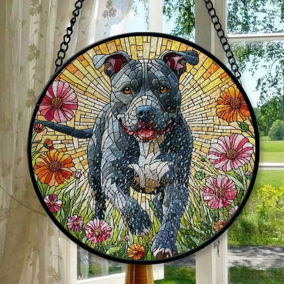 Pitbull wildflowers GLASS Suncatcher Hanging, Pitbull dog suncatcher window decor, dog mom gift suncatcher hanging, pitbull lover, Stained Glass Ornament 2025, Holiday Decoration,