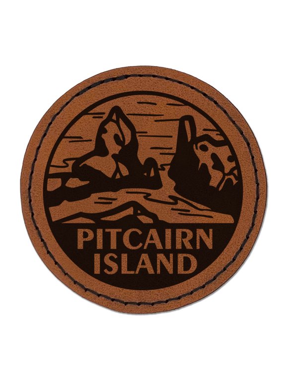 Pitcairn Island Saint Pauls Pool Country Destination Travel Landmark Round Iron-On Engraved Faux Leather Patch Applique - 2.5 Inch - Brown