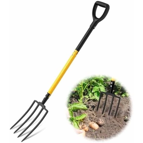 Pitch Fork, 4 Tine Heavy Duty Garden Fork with Ergonomic No-Slip D-Grip Handles, 45 Inches Long Handle Spading Fork, Perfect for Gardening Digging, Land Management, Yard work, Farming (Black)