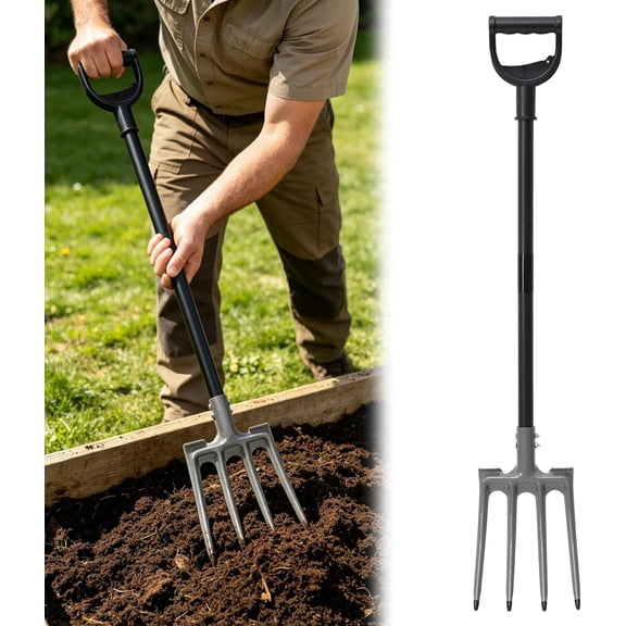 Pitch Fork, 46 inch Garden Fork with Metal 4 Tines & Ergonomic D Handle, Heavy Duty Pitchforks for Gardening Digging Composting Soil Loosening